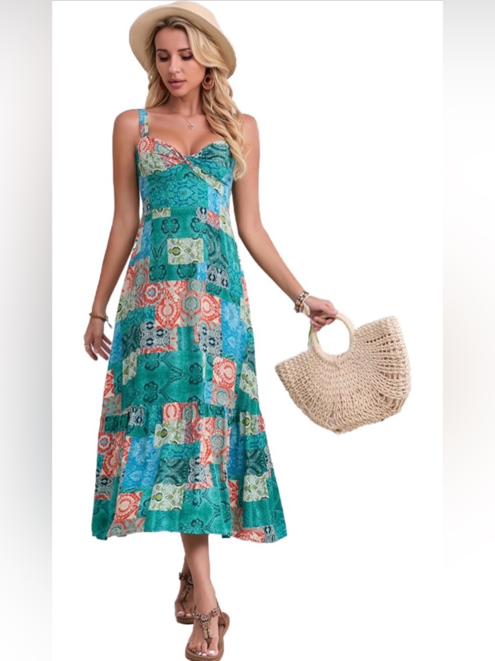 NWOT Boho Floral Adjustable Strap V Neck Beach Flowy Maxi Sundress - Picture 16 of 16